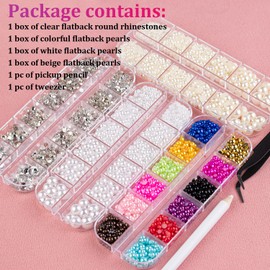 Belleboost 4 Boxes Flat Back Rhinestone&Pearls Kits Flatback Round Glass Crystal Clear Gems+Colorful+White+Beige Half Round Pearls with Pickup Pencil and Tweezer for Nail Art, Face Makeup and Craft