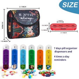 bvya Pill Organizer Case, Weekly Travel Pill Case Medication Reminder Daily AM PM, Day Night 7 Compartments,for 4 Times A Day, 7 Days a Week-Includes Printed Patterns Neoprene Carrying Case With Portable Hook