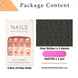 French Tips Press on Nails Short Square Heart Fake Nails 24pcs Nude Glossy Valentines Day Nails White French Tips Red Heart Design Valentines Nails Supply Heart False Nails for Women Girls