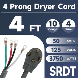 EP - Cable secador de 4 clavijas, 1.2 m 10/4 SRDT, cable de alimentación de extensión de dispositivo de 30 amperios, NEMA 14-30, gris