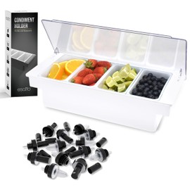 Esatto Bar Products Condiment Holder for Serving Container Chilled Garnish Tray with Lid for Bar Caddy, 4-1 Pint Inserts, With Added 12 Liquor Bottle Pourers, and 12 Pourer Covers - White