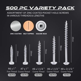 Massca - Kit surtido de tornillos de madera, tornillos de bolsillo con caja de almacenamiento de plástico, kit de surtido de 500 tornillos resistentes, rosca fina, tornillos chapados en zinc para