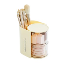 FABROK 2-Layer Clear Hair Accessories Organizer with Hair Brushes Holder, Rotatable Small Jewelry Box for Necklaces、Earring, Desktop Organizer Case for Hair Accessories, Cotton Swab(Yellow)