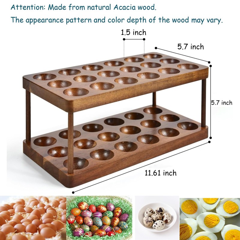 Acacia Wooden Double Layer Egg Holder, 36 Capacity Farmhouse Kitchen