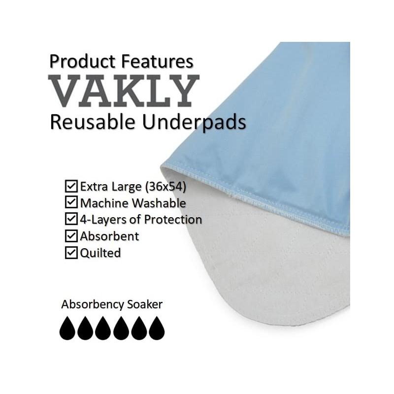 Vakly XL Washable Reusable Underpads 36"x54" Waterproof Absorbent Bedding [3