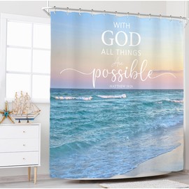 Riyidecor Beach Sea Bible Verse Shower Curtain for Bathroom Decor 72Wx72H Hawaii Blue Ocean Waves Christian Tropical Coastal Seaside Quote Art Printed Fabric Polyester Waterproof 12 Pack Plastic Hooks