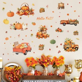 Fall Wall Decor Decals Removable Autumn Thanksgiving Peel and Stick Window Clings 6-Sheet Set with Pumpkin Truck, Maple Leaves Design for Home, Office, Bedroom, Living Room Party Decor