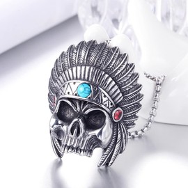 MayiaHey Indian Skull Pendant,Native American Indian Chief Skull Head Necklace for Men, Stainless Steel Gothic Indian Chief Skull Head Necklace Tribal Chief Headdress Skull Necklace