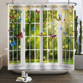 SDOTPMT 180x180cm Spring Window View Shower Curtain Fantasy Magic Green Forest White Bath Curtain Colorful Psychedelic Butterfly Faint Sunshine Fairy Bathtub Fabric Waterproof Curtain with Hooks