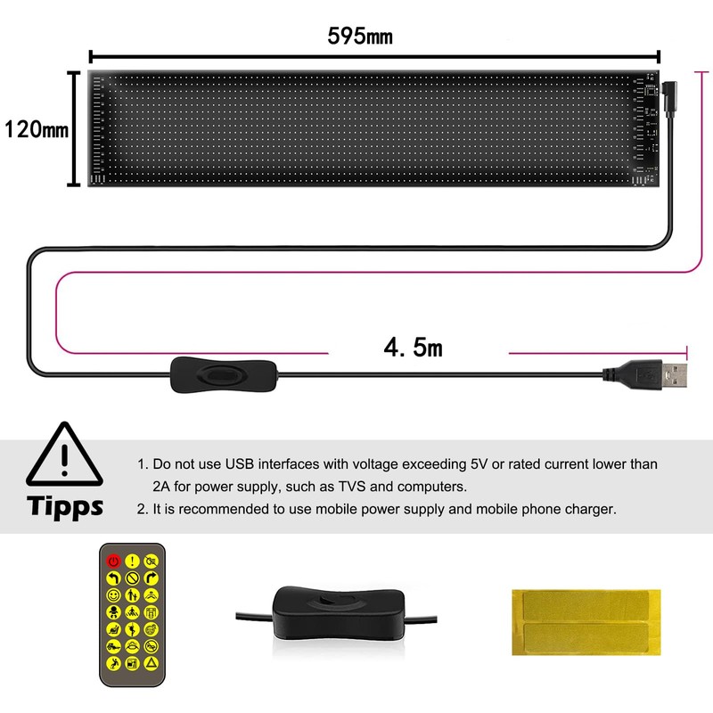 Gemsaya Car LED Sign,59.5 x 12 cm Flexible LED Matrix