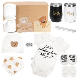 Baby Gift, Pack of 11 Newborn Gift for Birth Boy Girl Baby Gifts with 2 Cups Newborn Romper Baby Blanket Hat Socks Bib Gloves Decision Coin