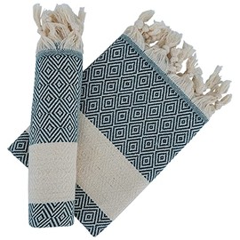 Dandelion - Diamond Pattern - Set of 2 Naturally-Dyed Cotton Turkish Hand Towels Peshkir - 35x19 Inches - Olive Green