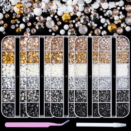 Metallic Color Flatback Rhinestones Kit for Nails, 12780pcs 2-6mm Mixed Sizes Crystals AB Transparent Jelly Rhinestones Stones Round Manicure Gems with Pickup Pen and Curved Tweezer (5 Box-Glod)