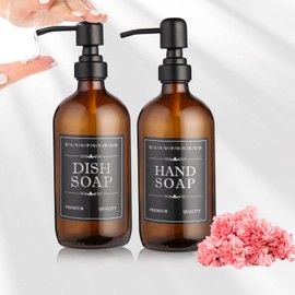 2 Pack Brown Glass Bottle, Soap Dispenser with Stainless Steel Pump,16 oz Upgrade Hand and Dish Soap Dispensers Kitchen, Hand Soap Dispenser Bathroom Accessories for Hotel, Vacation Rental, Restaurant