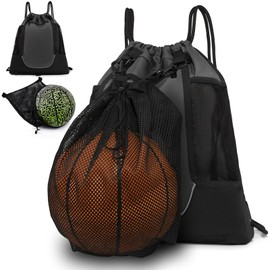 STAY GENT Drawstring Basketball Backpack for Kids Youths Adult, Foldable Sports Bag with Detachable Ball Mesh Bag for Gym Yoga Football Volleyball Baseball, Grey