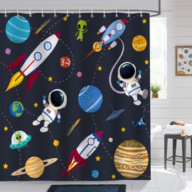 Bonhause Outer Space Shower Curtain for Kids Boys Rocket Planets Astronaut Blue Decorative Bath Curtain 72 x 72 Inch Polyester Fabric Waterproof Bathroom Curtain with 12 Hooks