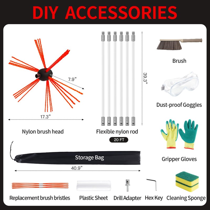 Morinoli 20 Feet Chimney Sweep Kit, Chrome Button Locking System,