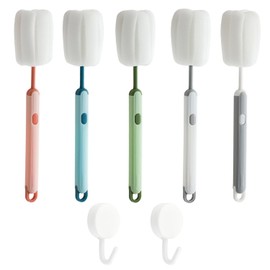 5 Pieces Long Handle Cup Brushes And 2 Pieces White Hooks, Sponge Brushes, Kitchen Supplies, Multi-Purpose Cleaning Tools.