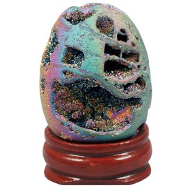 KYEYGWO Titanium Coated Agate Geode Egg Figure with Wooden Stand, Oval Crystal Ball Sculpture Egg-shaped Stone Fengshui Ornament Healing Stone Druze Gemstone Cluster House Decor, Colourful