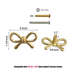 YEMCHI 2 Pack Solid Brass Bow Drawer Knobs, Gold Bow Knobs for Kitchen Cabinet Hardware, Vintage Vanity Dresser Pulls, Nursery Kids Bedroom Creative Tie Decorative Handles (Brass Bow)