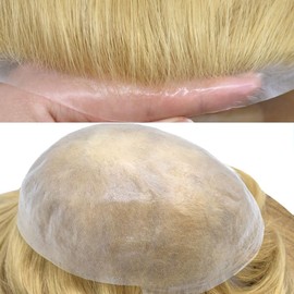 SINGA HAIR Toupee For Men Human Hair Piece Replacement Wigs Poly Skin Mens Toupee Hairpiece Transparent V-Looped 0.06mm Ultra Thin Skin Toupee Blonde Hair Units for Men Light Density #22R