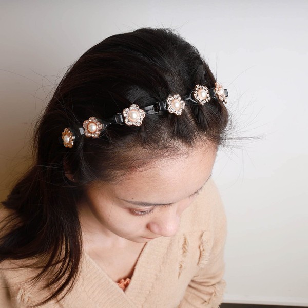 TseenYi Double Bangs Hairstyle Hairpin Headband Crystal Pearl Hairpin Hairband Layered Bangs Hairpin Boho Rhinestone Jewelry for Women and Girls Wedding Valentine’s day(Black)