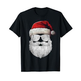 Santa Claus Face Sunglasses Beard & Christmas Hat Funny Xmas T-Shirt