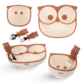 HZEX Owls Led Weaning Supplies, Toddler Silicone Feeding Set, Silicone Suction Bowls for Self Feeding, 2 Bowls, Spoon and Fork, Baby Feed Flatware and Dishwasher Safe (Brown)