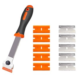 Razor Blade Scraper, Multi-Purpose Glass Scraper with 5 Plastic & 5 Metal Blades, Long Handled Cleaning Scraper Tool for Removing Sticker, Decal, Paint, Caulk from Car Window, Stovetop (Orange, 1PCS)