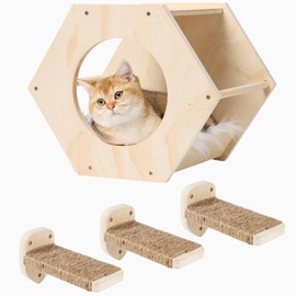 Cat Wall Shelves, Cat Shelves for Wall, Cat Wall Furniture, Cat Shelf with 3 Steps Scratcher Post, Cat Tree Hammock with Plush Wall Mounted, Climbing Shelf Wall Mount for Indoor Cats (Wood)
