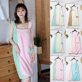 Women's shower gown, pastel tones, pretty, luxurious bathing Ribbon point green-pink 2ea