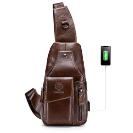 LUKZIJAES Genuine Leather Sling Bag for Men Crossbody Shoulder Casual Chest Pack Daypack Outdoor Travel Hiking Backpack (#13-Coffee)
