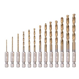 Saiper 13pcs Titanium Coated Twist Drills Bit Set (1.5mm - 6.5mm), 1/4" Hex Shank Quick Change Drill Bits for Steel, Wood, Plastic, Aluminum
