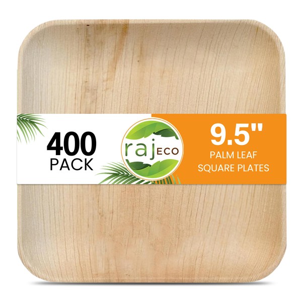 Raj Palm Leaf Plates [400-Pack] Large Square Plates like Bamboo plates Disposable, Strong, Decorative Compostable Tableware for wedding, Lunch, Dinner, Birthday, Camping, Outdoor BBQ, Picnic