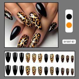 Press on Nails Medium Almond Black Leopard French Tip Fake Nails Medium Almond with Designs Full Cover False Nails French Tip Glue on Nails Cute Acrylic Thick Stick on Nails for Women Nails Art 24Pcs DY1847-B7