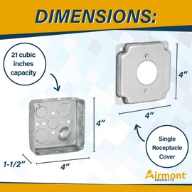 Outlet Box Kit, Includes 4x4'' Drawn Metal Electrical Box, 2 Tamper Resistant 20 Amp Duplex Receptacle Outlets, Duplex Receptacle 4x4'' Cover, Sixteen Knockouts (Single Receptacle Kit)