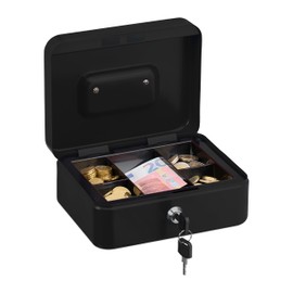 Relaxdays Lockable Cash Box, Removable Insert, 5 Compartments, Iron Cash Box, H x W x D: 8.5 x 20 x 17 cm, Black