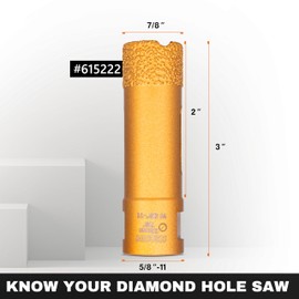 KSEIBI 615222 Diamond Hole Saw, 7/8 Inch (22mm) Diamond Core Drill Bit for Porcelain, Ceramic, Granite Drill Bits, Brick, Marble, Dry Cutting, 2" Drilling Depth, 5/8"-11 Thread, for Angle Grinder