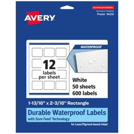 Avery Durable Waterproof Rectangle Labels, Sure Feed Technology, 1-13/16" x 2-3/16", 600 Total, Oil and Tear-Resistant Waterproof Labels, Print-to-The-Edge, Laser/Pigment-Based Inkjet Printable