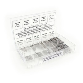 Assortment box with 500 pieces small washers and nuts according to DIN 934 and DIN 125A made of A2 stainless steel. Mini screws assortment including labelled box