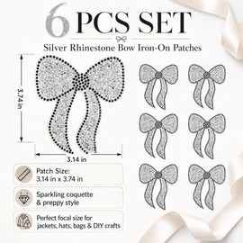 Ssyuysto 6Pcs Silver Rhinestone Bow Iron on Patches Bling Glitter Sparkling Silver Bowknot Appliques Decor for Clothing Jackets Jeans Backpacks Trucker Hats Bags DIY Crafts Repair Fashion Accessory