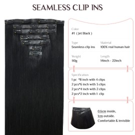 Clip in Hair Extensions Real Human Hair, 20 Inch 7pcs 110g Jet Black Seamless Hair Extensions Clip in, MAXITA Real Hair Extensions Clip in Human Hair Natural Straight Hair Extensions for Woman
