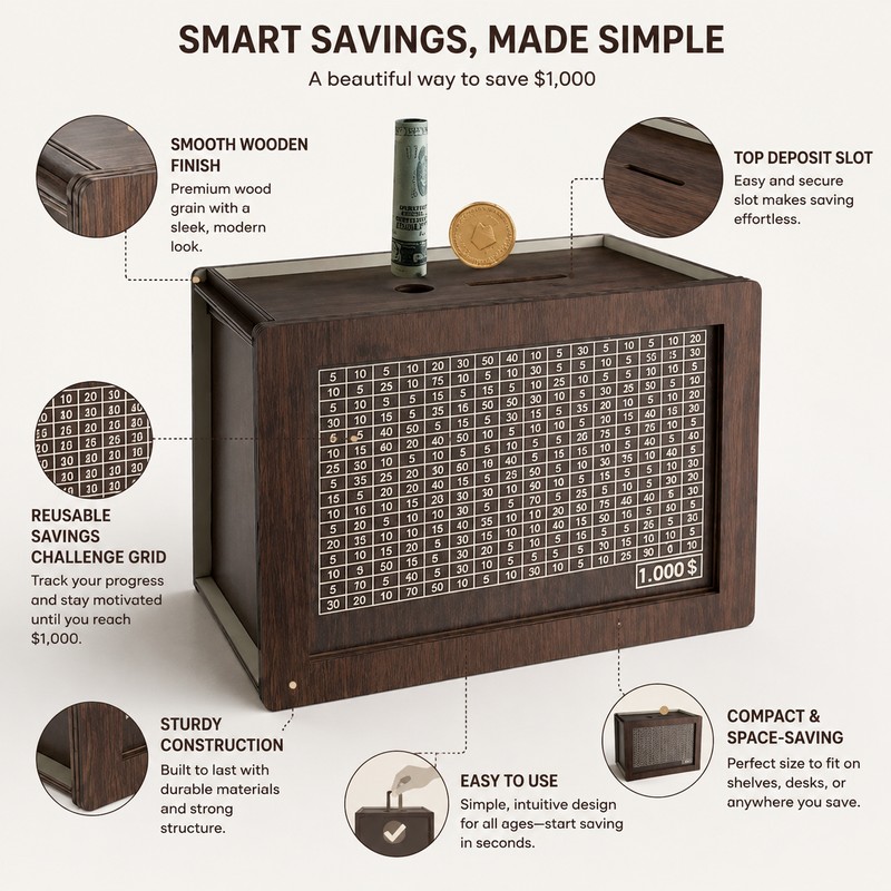 Wooden Savings Challenge Box for Cash – Reusable $10,000 Money