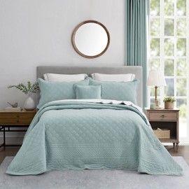 CHIXIN Oversized Cotton Bedspread Queen Size - Real Stitching - Luxury Quilted Bedding Cover for All Season, Reversible, Ultra Soft, Lightweight, 3 Piece, Pale Blue