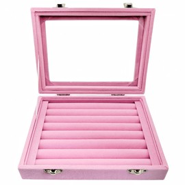 GymRichy Velvet Glass Jewelry Ring Display Stand Storage Box Ring Earrings Jewelry Box Ring Holder Case for Women Girls (Pink)