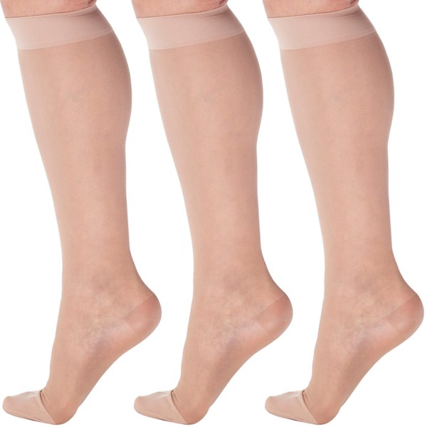 (3 Pairs) Made in USA - Sheer Compression Stockings for Women 15-20mmHg - Womens Compression Socks for Circulation during Travel, Airplane, Sport, Athletic - Nude, X-Large - A101NU4-3