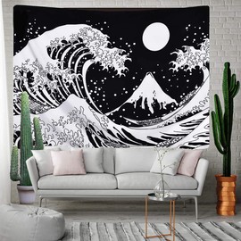Cestbin Japanese Ocean Wave Tapestry,Kanagawa The Great Wave Tapestry with Moon Tapestries,Large Sun Black and White Tapestry for Living Room Bedroom Dorm (Great Wave, 59.1" x 78.8")