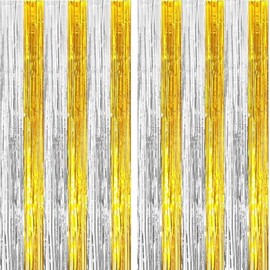 2 Pack Gold and Silver Foil Fringe Curtains Photo Booth Prop Tinsel Streamer Backdrops Birthday Party Supplies Graduation Xmas Holiday Party Decorations Decor, 3.3 x 6.6 ft