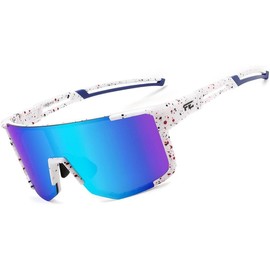 FEISEDY Cycling Glasses Sports Sunglasses for Men Women, Lightweight TR90 Frame UV400 MTB Running Fishing Baseball B0224 - Color: White Frame Blue Mirrored Lens, Size: Large