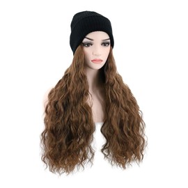 PATTNIUM Beanie Wig Brown Long Curly Wig Beanie Hat with Hair Winter Knit Hat Wavy Brown Wig Women Girls Daily Wear Wig Hair Extensions